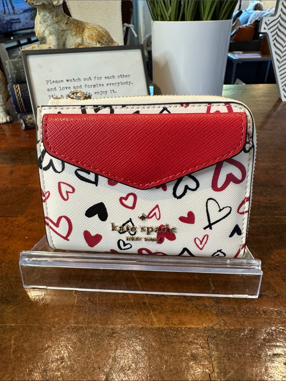 💕kate spade Heart Doodle Compact Wallet in White, Red & Black